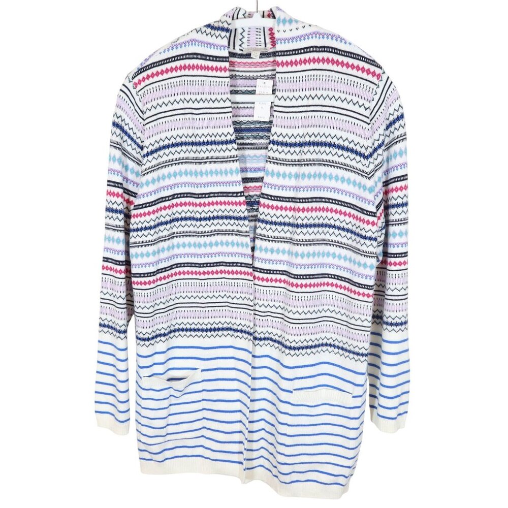 TALBOTS Fair Isle Striped Open Front Cotton Blend Long Sleeve Cardigan LP NWT